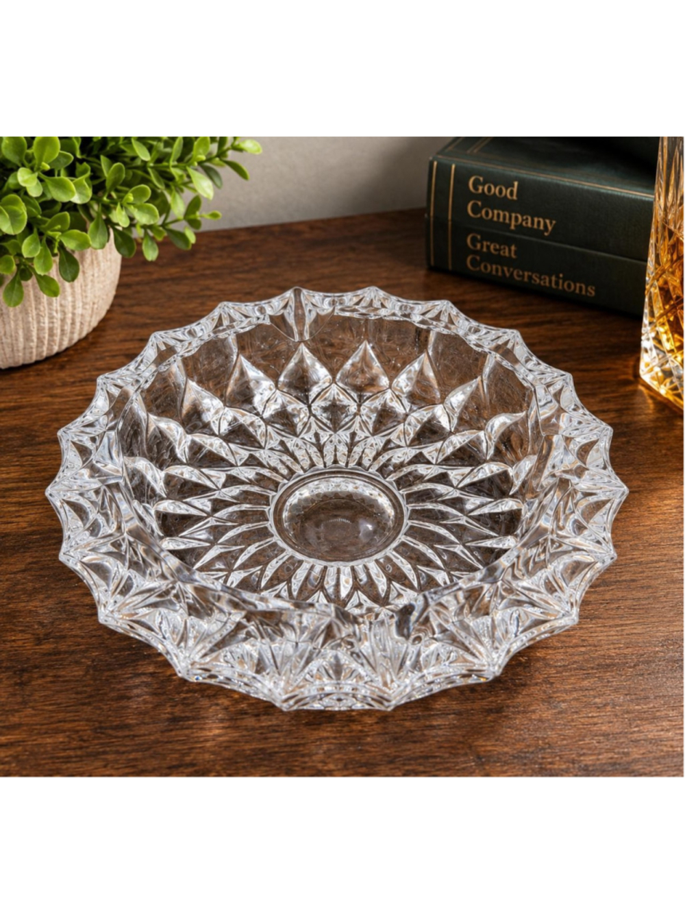 Vintage Clear Pressed Glass Serving Bowl Starburst Diamond Scalloped Rim 7.5&quo